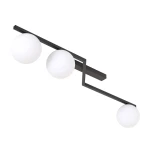 Lampa sufitowa Naton z trzema opalowymi kulami na czarnym stelażu, zamontowana poziomo. Kule mają gładką, matową powierzchnię, a całość prezentuje nowoczesny, minimalistyczny design. Idealna do różnych wnętrz.