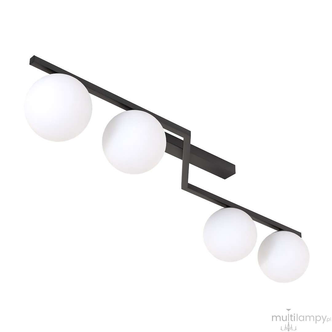 Lampa sufitowa Naton 4xE14 w kolorze czarnym, z czterema okrągłymi kloszami z opalowego szkła. Ułożona w poziomie, montowana do sufitu, z nowoczesnym designem. Klosze emitują rozproszone światło, idealna do różnych wnętrz.