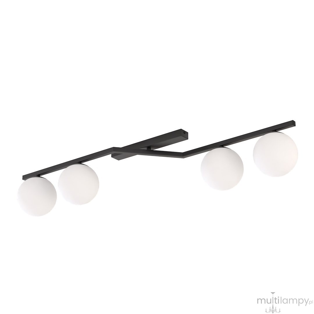 Lampa sufitowa Naton 4xE14 w kolorze czarnym, z czterema białymi opalowymi kloszami. Ułożona poziomo na stylowej, metalowej oprawie. Klasyczny design z prostymi liniami, idealna do nowoczesnych wnętrz.