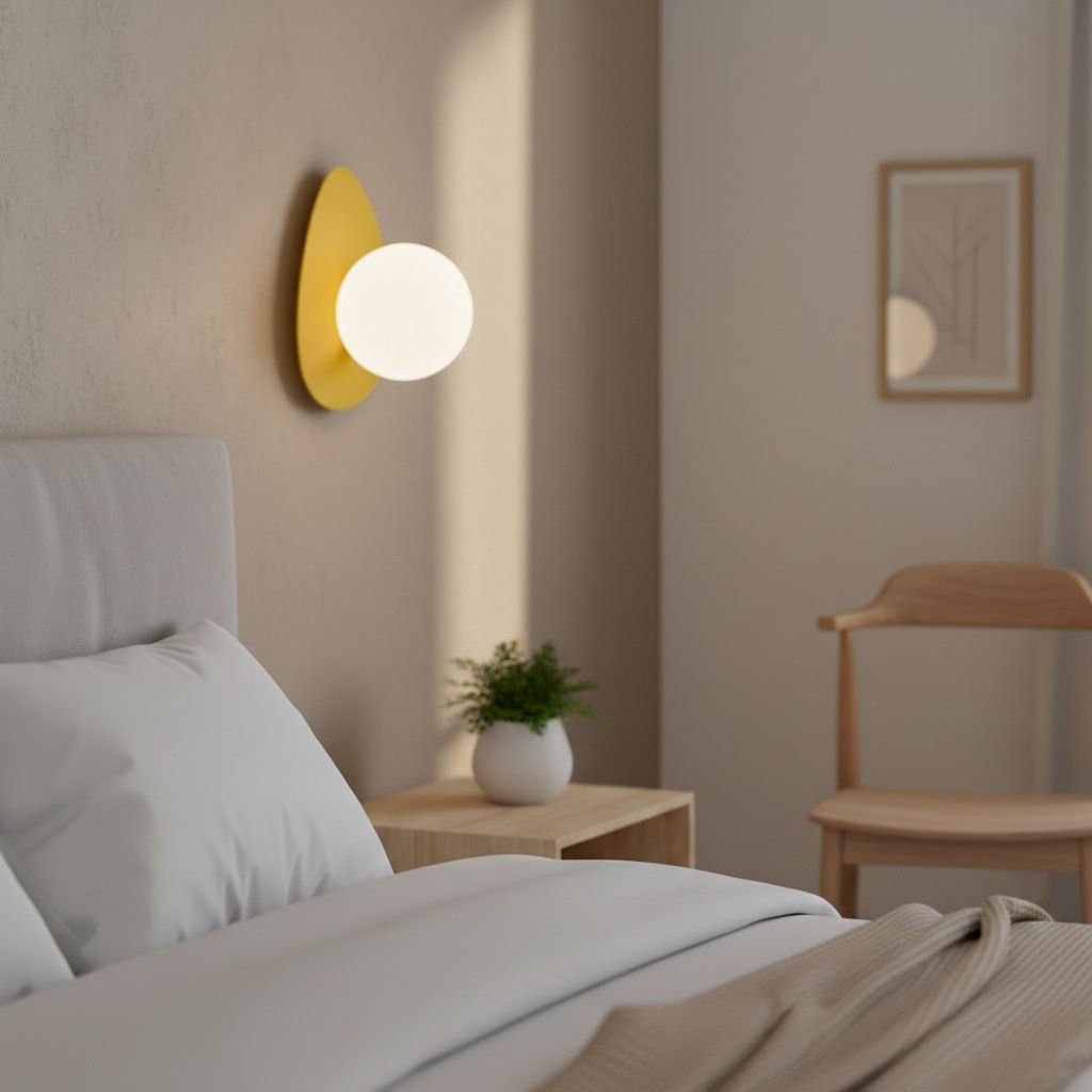 Kinkiet Ovo w kolorze pomarańczowym z białą kulistą lampą, montowany na ścianie. W tle widoczna sypialnia z jasnym łóżkiem, drewnianym stolikiem i rośliną doniczkową. Lampa ma nowoczesny, minimalistyczny design.