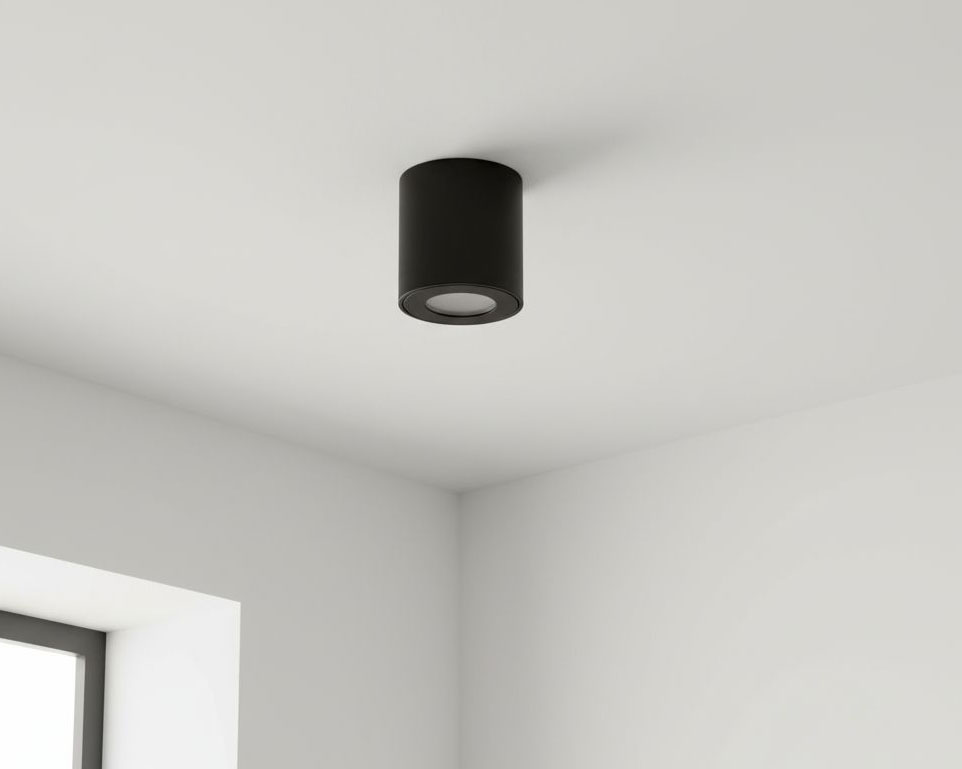 Czarna lampa sufitowa tuba Aqua IP54, zamontowana na białym suficie. Produkt ma cylindryczny kształt i jest przeznaczony do stosowania w łazience, zapewniając odporność na wilgoć. Widoczny jest okrągły klosz emitujący światło.