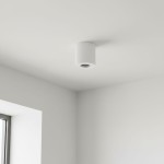 Biała lampa sufitowa tuba Aqua 2 IP54, zamontowana w rogu pomieszczenia. Okrągły kształt, gładka faktura, umieszczona na gładkim, białym suficie. Światło skierowane w dół, idealna do łazienki.