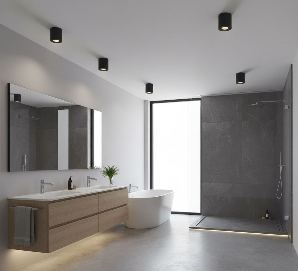 Czarna lampa sufitowa tuba Aqua 2 IP54, zamontowana w łazience. Widoczna w nowoczesnym wnętrzu z drewnianą szafką, dużym lustrem i prysznicem. Oświetlenie w kształcie cylindra, zapewniające dyskretne i funkcjonalne źródło światła.