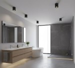 Czarna lampa sufitowa tuba Aqua 2 IP54, zamontowana w łazience. Widoczna w nowoczesnym wnętrzu z drewnianą szafką, dużym lustrem i prysznicem. Oświetlenie w kształcie cylindra, zapewniające dyskretne i funkcjonalne źródło światła.