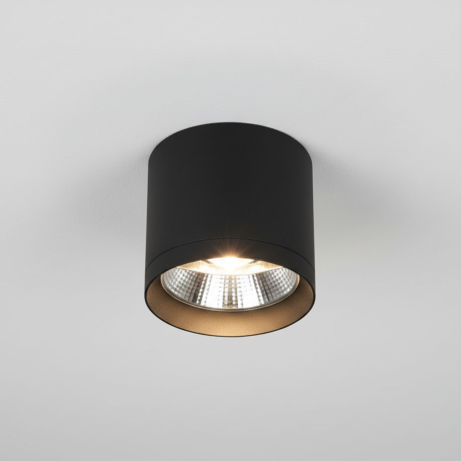 Lampa sufitowa Bari w kształcie tuby, czarna, z oprawą na żarówkę GU10 AR111. Widoczny reflektor z metaliczną wykończeniem wewnętrznym. Zamontowana na suficie, z lekkim połyskiem, minimalistyczny design.