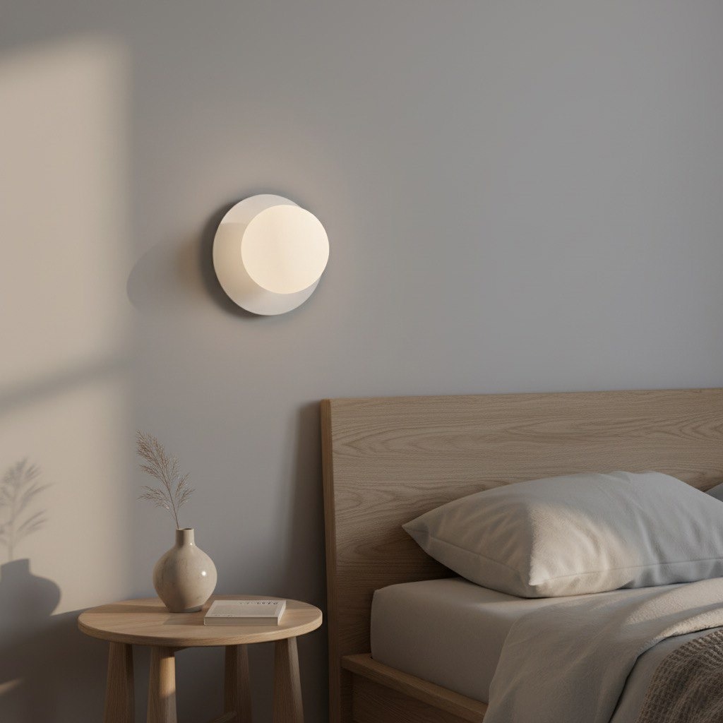 Biały kinkiet Americana 1xG9, okrągły, zamontowany na ścianie w sypialni. W tle widoczna drewniana łóżko z poduszkami i stolik nocny z wazonem oraz książką. Delikatne światło rzucane na ścianę.