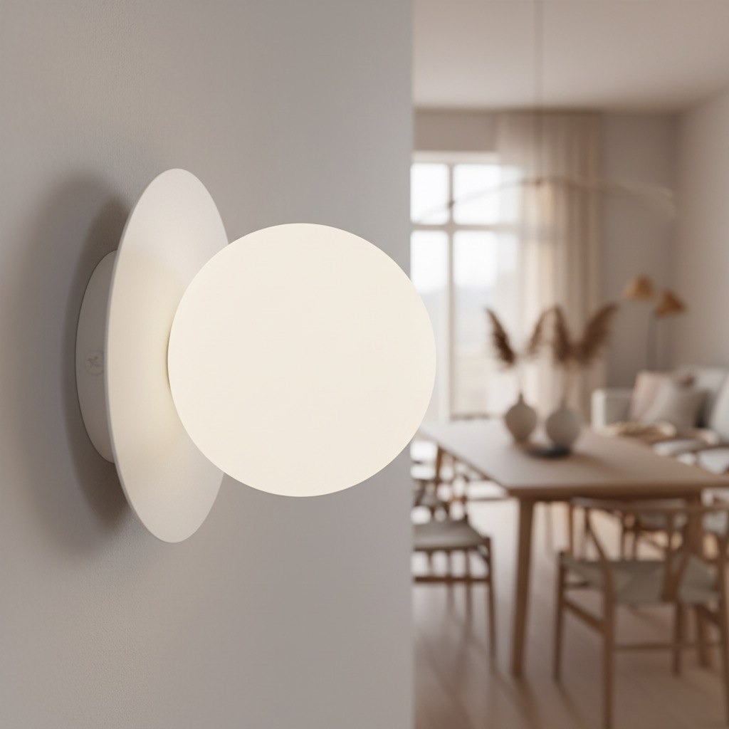 Kinkiet Americana 1xG9 w kolorze białym, z okrągłą, matową oprawą i płaskim, okrągłym tłem. Zamontowany na ścianie, w tle widoczna jasna, nowoczesna aranżacja wnętrza z drewnianym stołem i krzesłami.