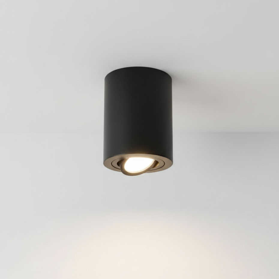 Czarna lampa sufitowa w kształcie tuby, zamontowana na białym suficie. Okrągła oprawa z widoczną żarówką, skierowana w dół. Prosty design, metalowy materiał, matowe wykończenie.