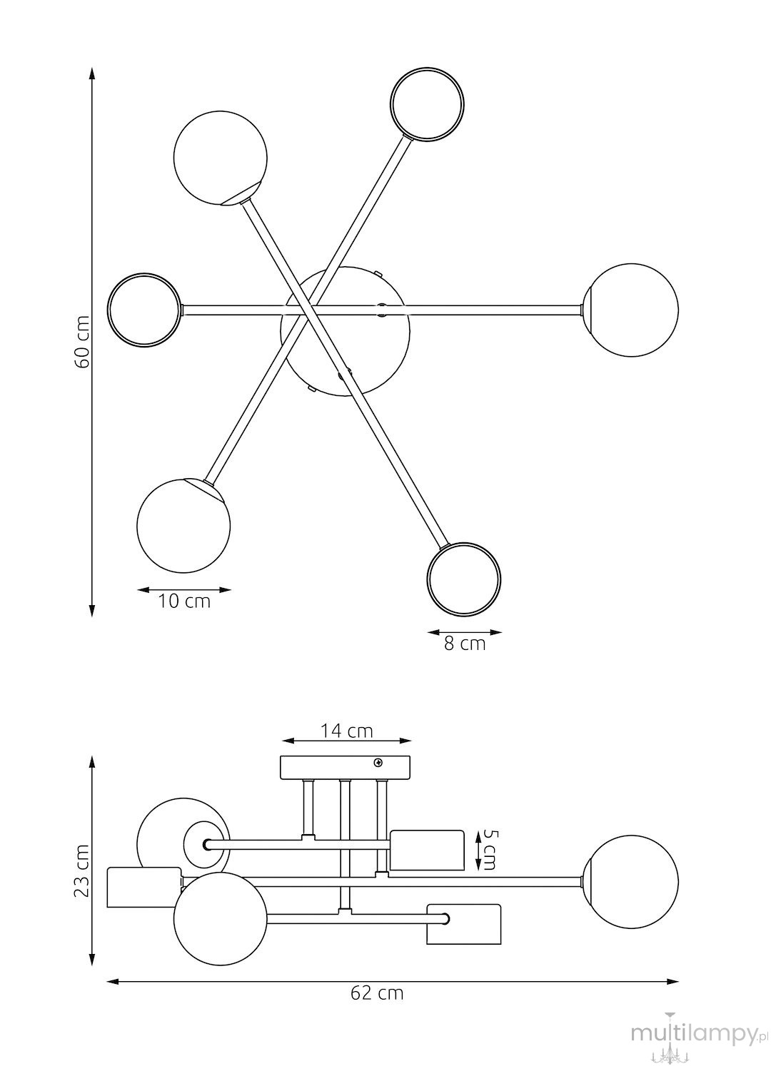 Lampa sufitowa Holon w kolorze czarnym, z sześcioma źródłami światła G9/GX53. Wymiary: 60 cm wysokości, 62 cm szerokości. Kształt geometryczny z okrągłymi kloszami o średnicy 10 cm i 8 cm, zamontowana na płaskiej podstawie.