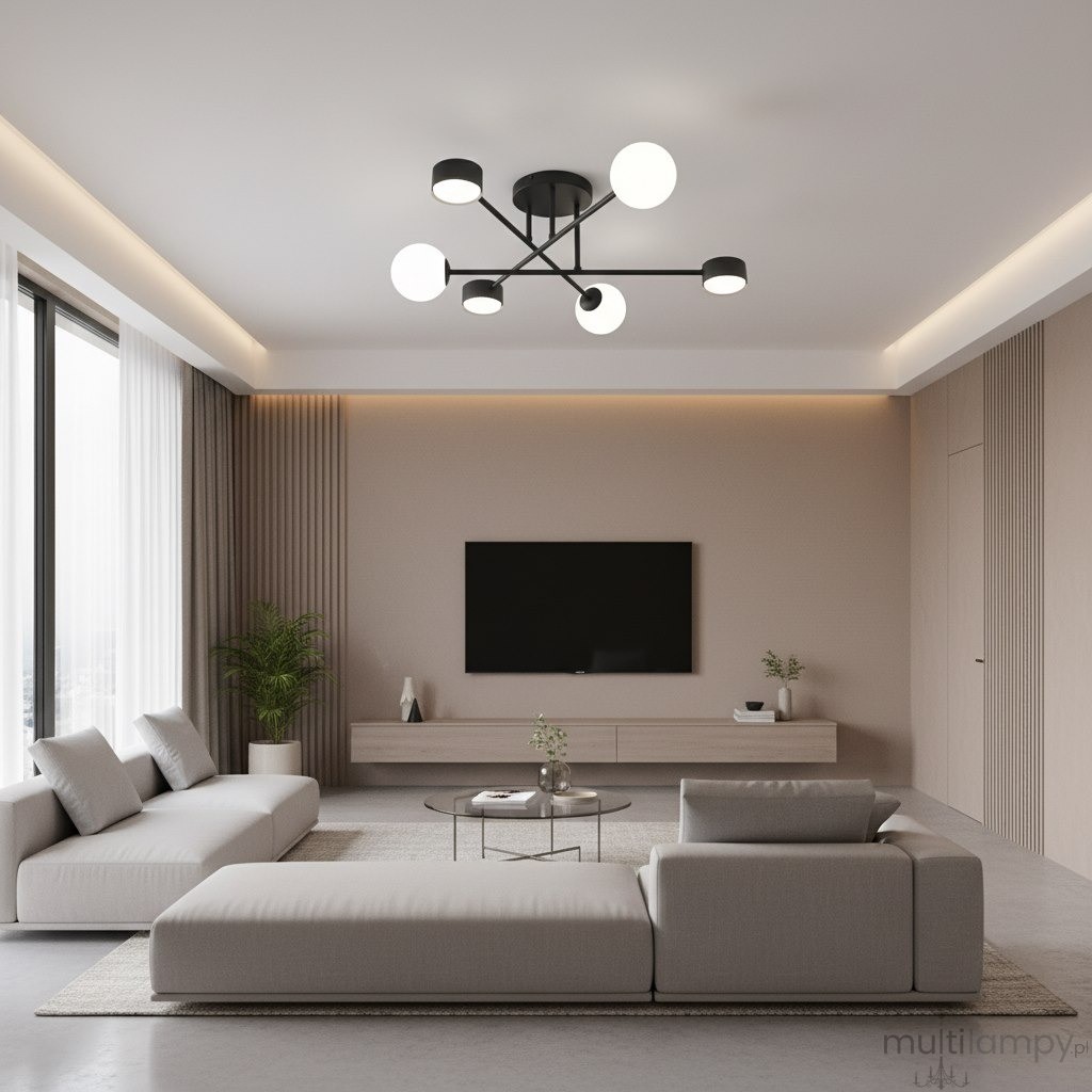 Holon lampa sufitowa w kolorze czarnym z sześcioma źródłami światła G9/GX53. Ułożona centralnie na suficie, z okrągłymi, białymi kloszami, w nowoczesnym wnętrzu z szarymi meblami i telewizorem na ścianie.