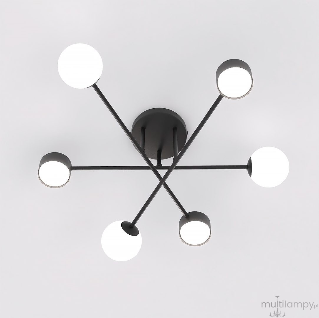 Holon lampa sufitowa w kolorze czarnym z sześcioma źródłami światła G9/GX53. Posiada minimalistyczny design z okrągłymi kloszami umieszczonymi na cienkich, prostokątnych ramionach, rozciągających się z centralnej podstawy.