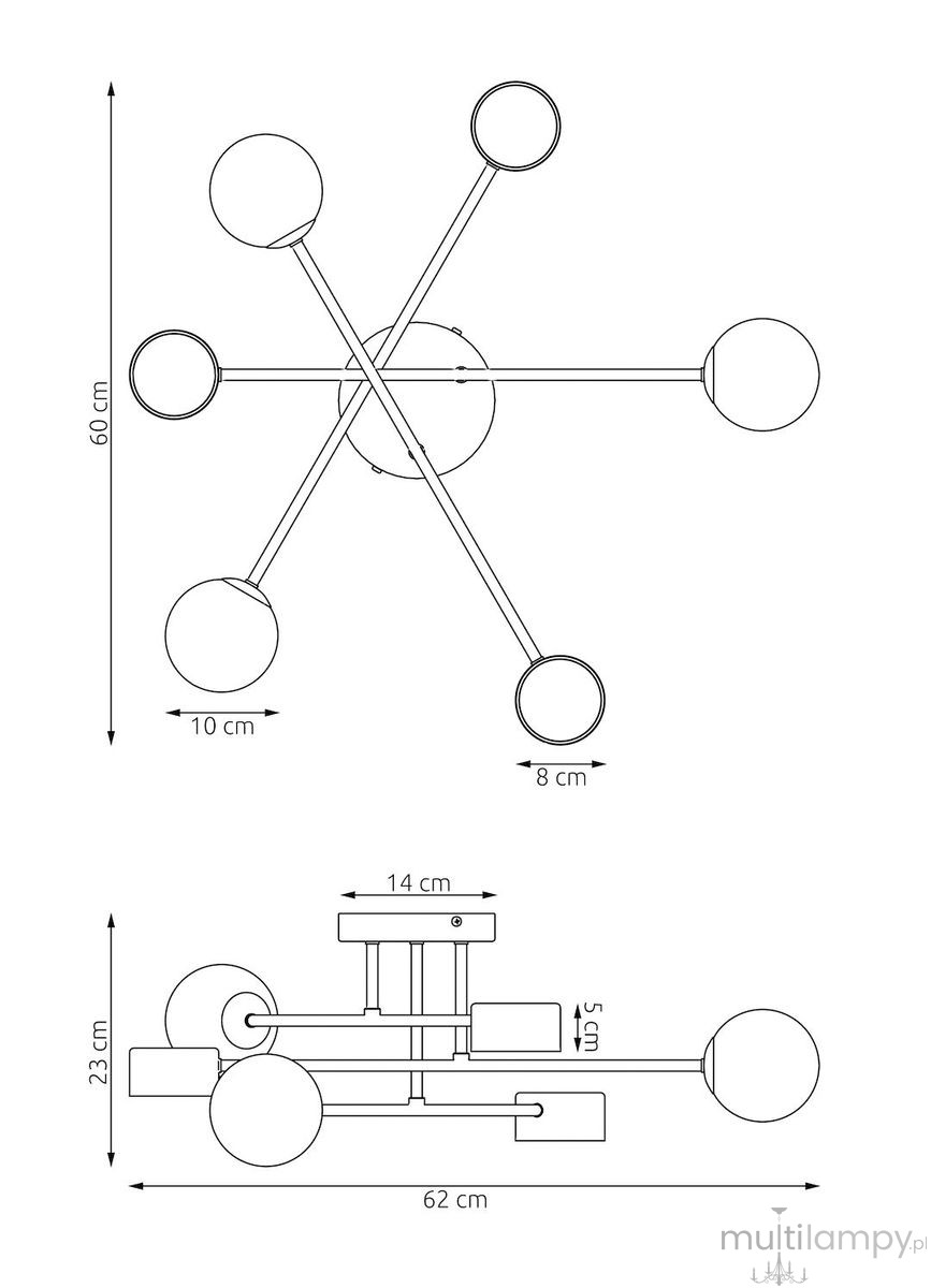 Holon lampa sufitowa biała, z sześcioma źródłami światła G9/GX53. Kształt geometryczny, z okrągłymi kloszami o średnicy 10 cm, umieszczonymi na metalowych ramionach. Wymiary: 60 cm wysokości, 62 cm szerokości, 23 cm głębokości.