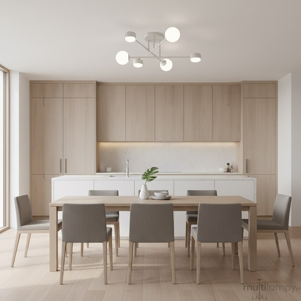 Lampa sufitowa Holon w kolorze białym z sześcioma źródłami światła G9/GX53, zamontowana na suficie w nowoczesnej kuchni. W tle jasne meble kuchenne i drewniany stół z szarymi krzesłami.