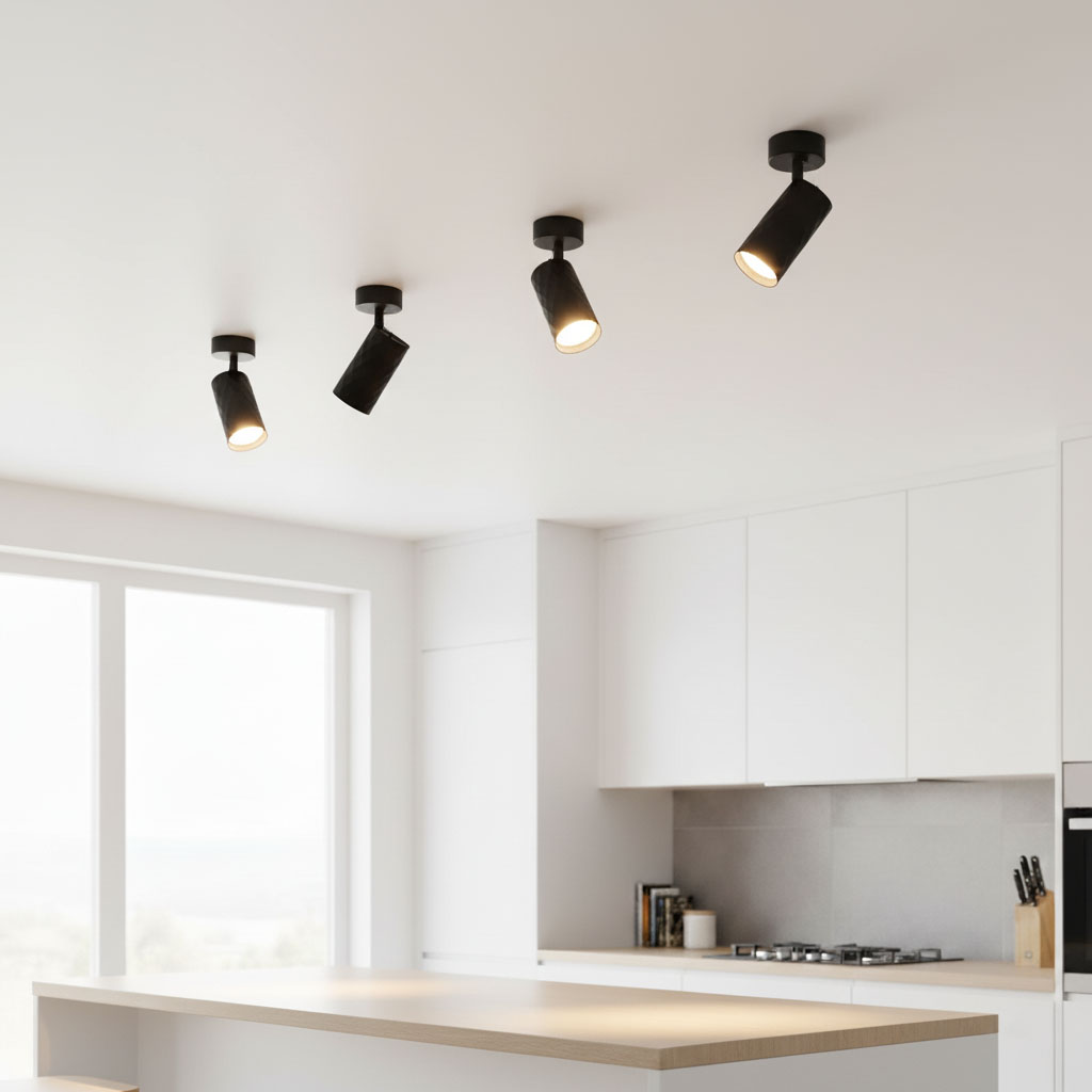 Czarna lampa sufitowa spot GU10 z czterema punktami świetlnymi, zamontowana na białym suficie. Lampa w minimalistycznym stylu, idealna do nowoczesnych wnętrz, o cylindrycznych kloszach skierowanych w różne strony.