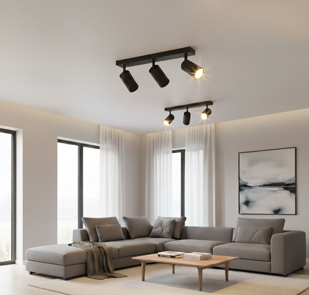 Lampa sufitowa spot Glamour 3xGU10 w kolorze czarnym, zamontowana na suficie. Posiada trzy ruchome reflektory, które oświetlają przestrzeń. W tle widoczny nowoczesny salon z szaro-beżową sofą i dużymi oknami.