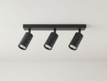 Czarna lampa sufitowa Glamour z trzema reflektorami GU10, umieszczona na prostokątnej podstawie. Reflektory mają diamentową fakturę i są skierowane w dół, tworząc nowoczesny akcent oświetleniowy.