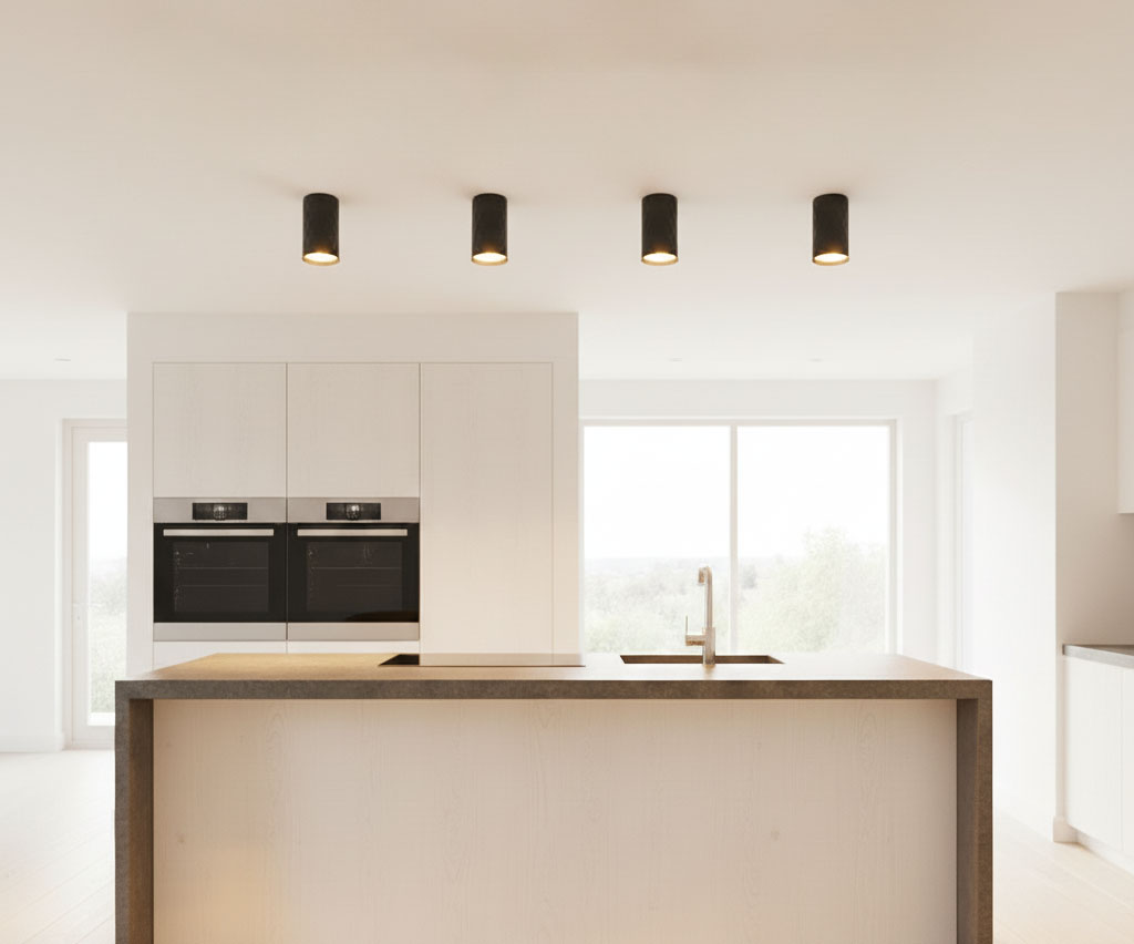 Czarna lampa sufitowa tuba GU10, umieszczona w kuchni, zawieszona na białym tle sufitu. Oświetlenie skierowane w dół, podkreślające nowoczesny design kuchennej przestrzeni z białymi meblami i ciemnym blatem.