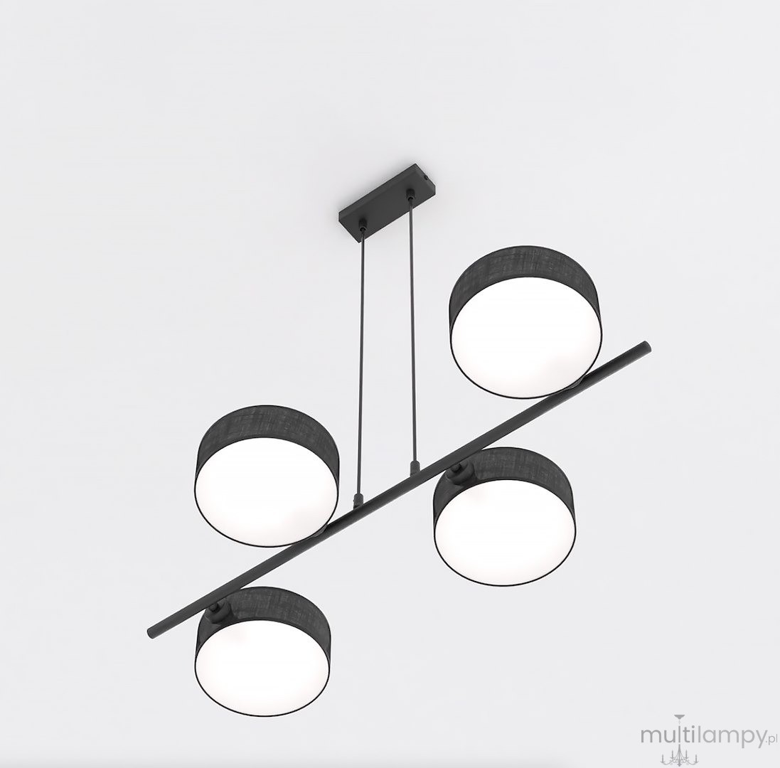 Lampa wisząca Drumz czarna 4xE14, składająca się z czterech okrągłych kloszy z białym szkłem, zawieszona na cienkim metalowym ramieniu. Montaż sufitowy, widok z góry.