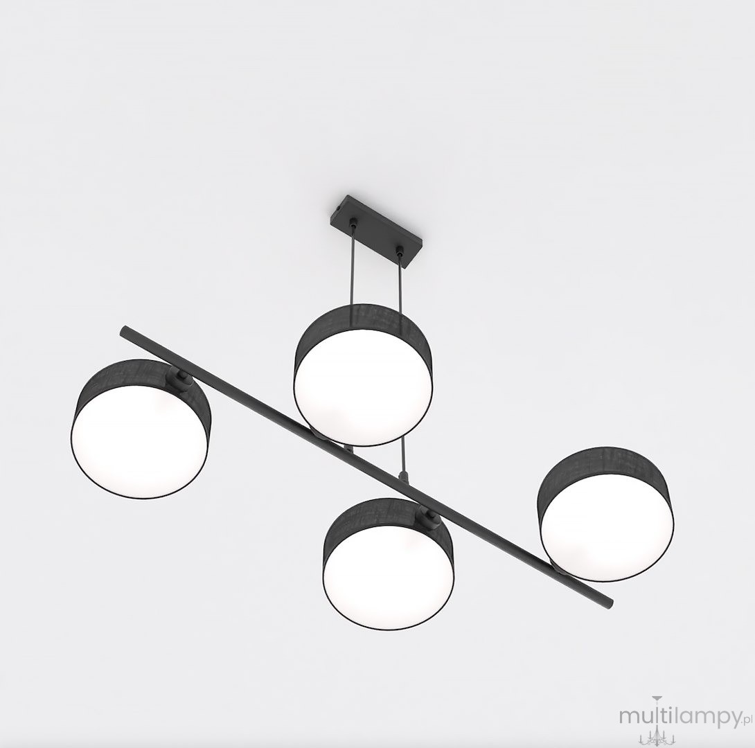 Lampa wisząca Drumz w kolorze czarnym z czterema okrągłymi kloszami LED, zawieszona na cienkiej metalowej rurce. Klosze mają białe, matowe wykończenie, a całość montowana jest do sufitu. Ujęcie z dołu, pokazujące równomierne rozmieszczenie kloszy.