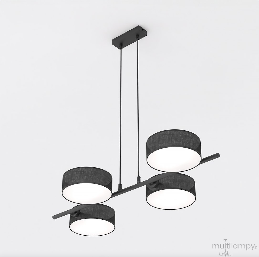 Lampa wisząca Drumz 4xE14 w kolorze czarnym z czterema okrągłymi kloszami na stelażu. Klosze z materiału tekstylnego, emitujące białe światło. Uchwyt sufitowy w minimalistycznym stylu, z dwoma przewodami.