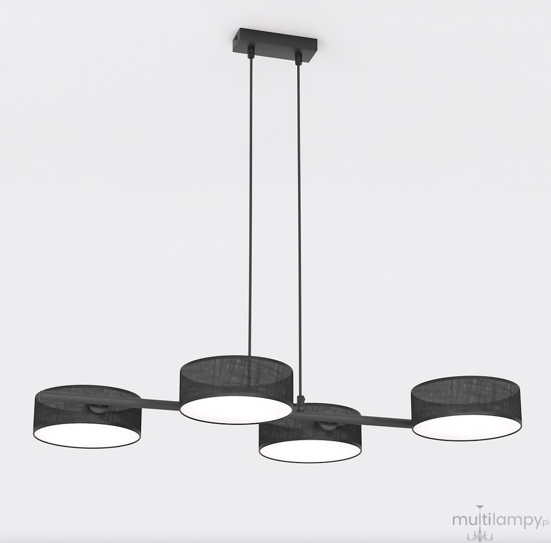 Lampa wisząca Drumz 4xE14 w kolorze czarnym z czterema okrągłymi kloszami z materiału, zawieszona na dwóch cienkich linkach. Klosze mają białe, okrągłe źródła światła, montowane na prostokątnej podsufitce.