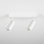 Lampa sufitowa spot w kolorze białym z dwoma ruchomymi kloszami w kształcie cylindrów, o teksturze diamentowej. Zamontowana na prostokątnej podstawie, idealna do oświetlenia wnętrz.