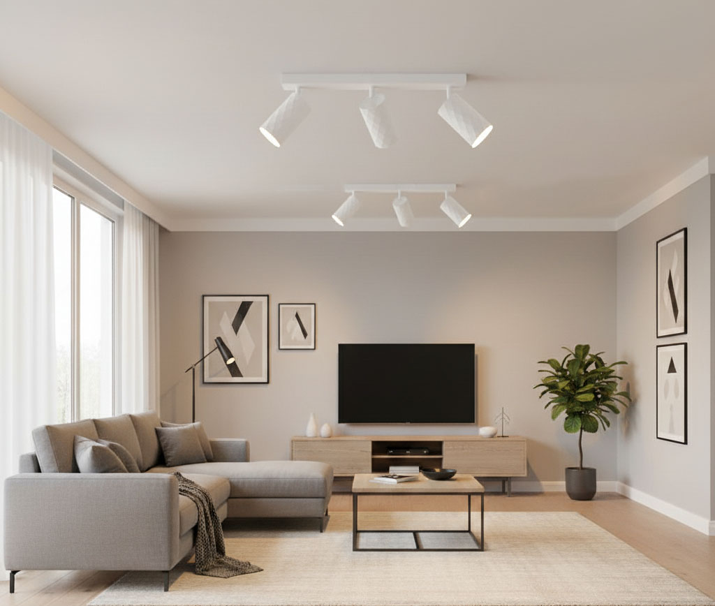 Biała lampa sufitowa typu spot z trzema źródłami światła GU10, zamontowana na suficie w nowoczesnym wnętrzu. Lampa skierowana jest w dół, oświetlając przestrzeń nad sofą i stolikiem kawowym. W tle widoczny telewizor i dekoracyjne elementy.