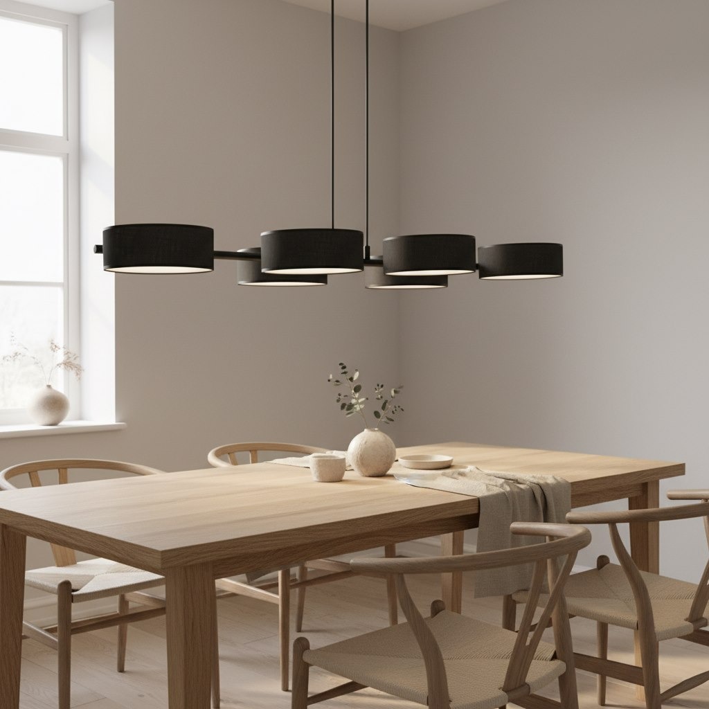 Lampa wisząca Drumz 6xE14 w kolorze czarnym, złożona z sześciu okrągłych kloszy, zawieszona na cienkich linkach. Produkt umieszczony nad drewnianym stołem w jasnym wnętrzu, z oknem w tle i dekoracjami na stole.