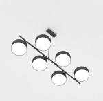 Lampa wisząca Drumz w kolorze czarnym z sześcioma okrągłymi kloszami E14, zawieszona na poziomej rurze. Klosze mają matową powierzchnię, a całość zamontowana jest na prostokątnej podstawie sufitowej.