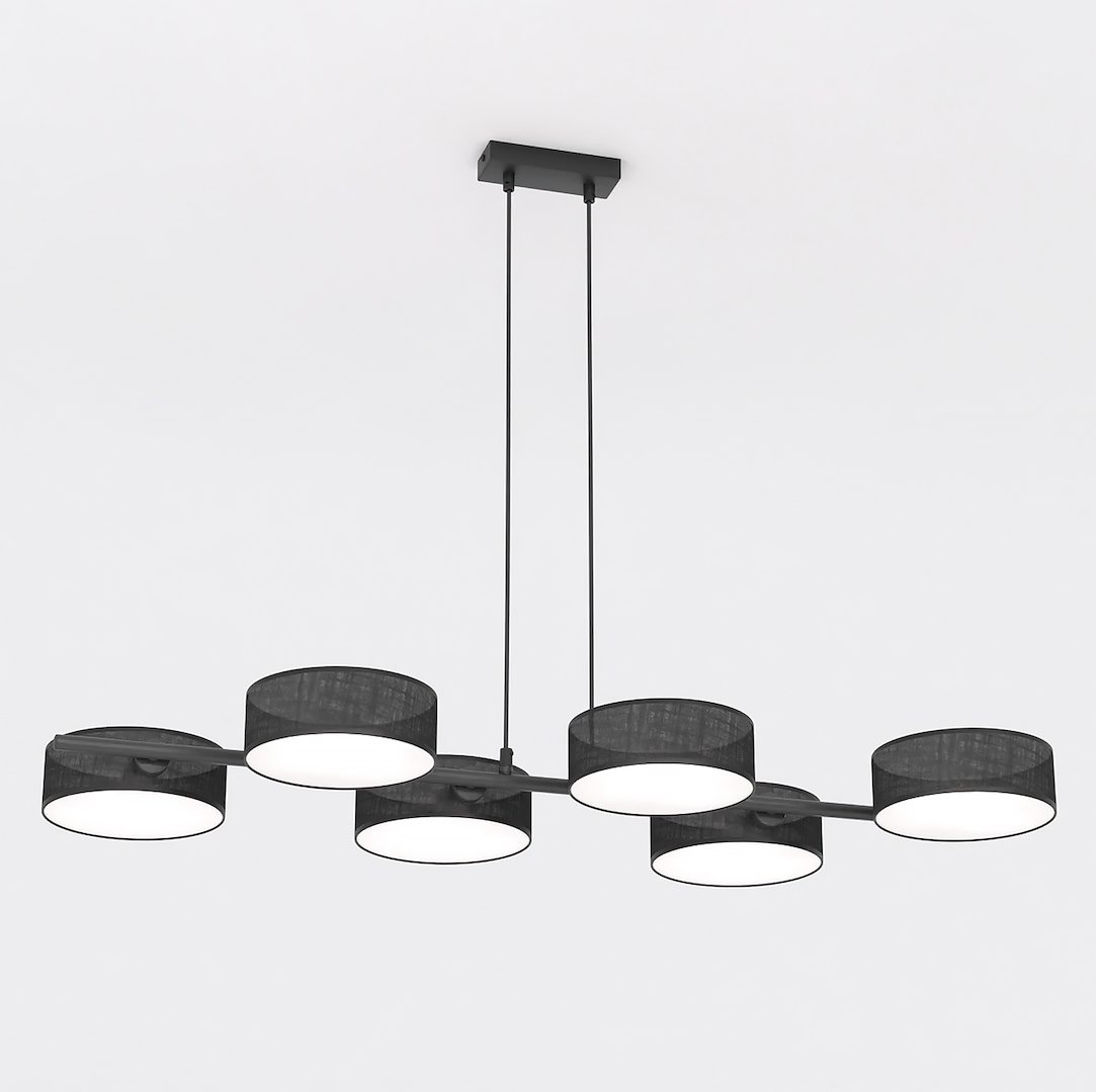 Lampa wisząca Drumz 6xE14 w kolorze czarnym, z sześcioma okrągłymi kloszami, zawieszona na długich linkach. Klosze mają matowe białe wnętrze, co zapewnia równomierne oświetlenie. Montaż na suficie, prosty, nowoczesny design.