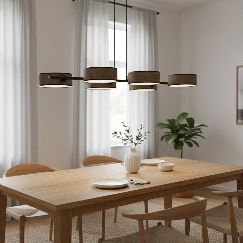 Lampa wisząca Drumz w brązowym kolorze, z sześcioma oprawami na żarówki E14. Zawieszona nad drewnianym stołem w jasnym wnętrzu, z roślinnością w tle. Okrągłe klosze z materiału, minimalistyczny design, harmonizujący z nowoczesnym stylem.