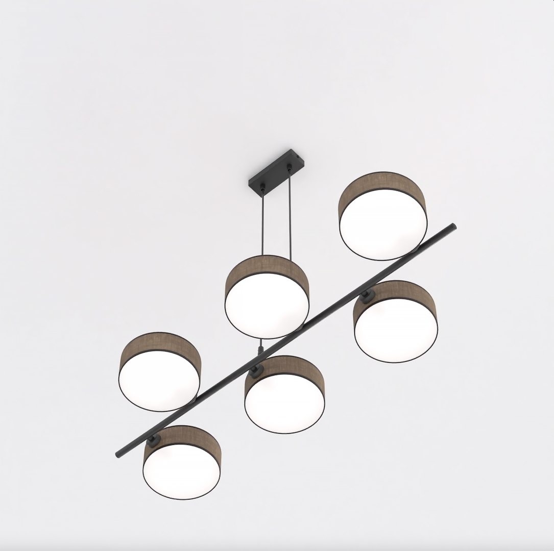 Lampa wisząca Drumz 6xE14 w brązowych oprawach z białymi kloszami, zawieszona na czarnym stelażu. Wyposażona w sześć źródeł światła, zamontowana do sufitu, w układzie poziomym. Prosta forma, nowoczesny design.