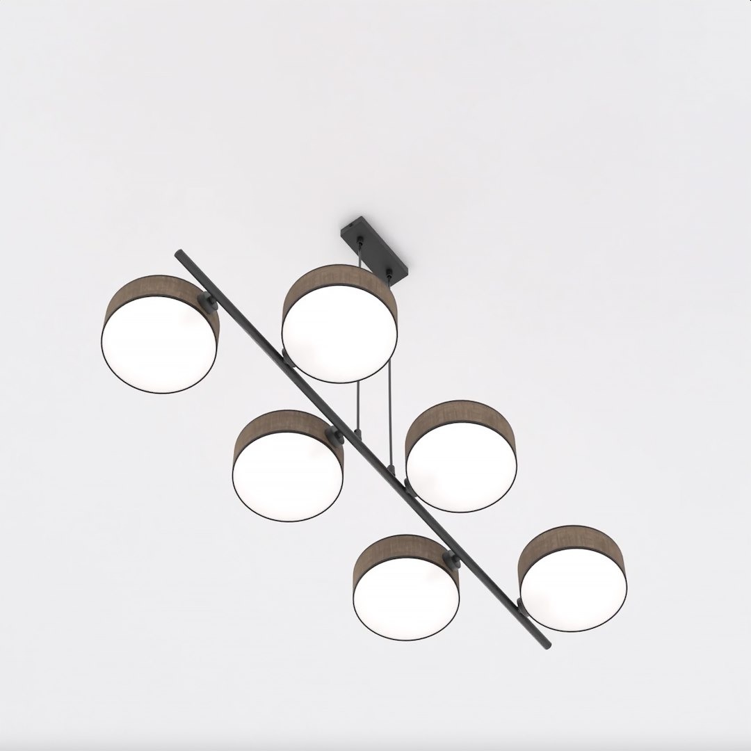 Lampa wisząca Drumz z sześcioma oprawami E14, w brązowej kolorystyce, z okrągłymi kloszami i metalowym stelażem, zawieszona równolegle do sufitu na czarnej podstawie. Klosze białe, zapewniające równomierne oświetlenie.
