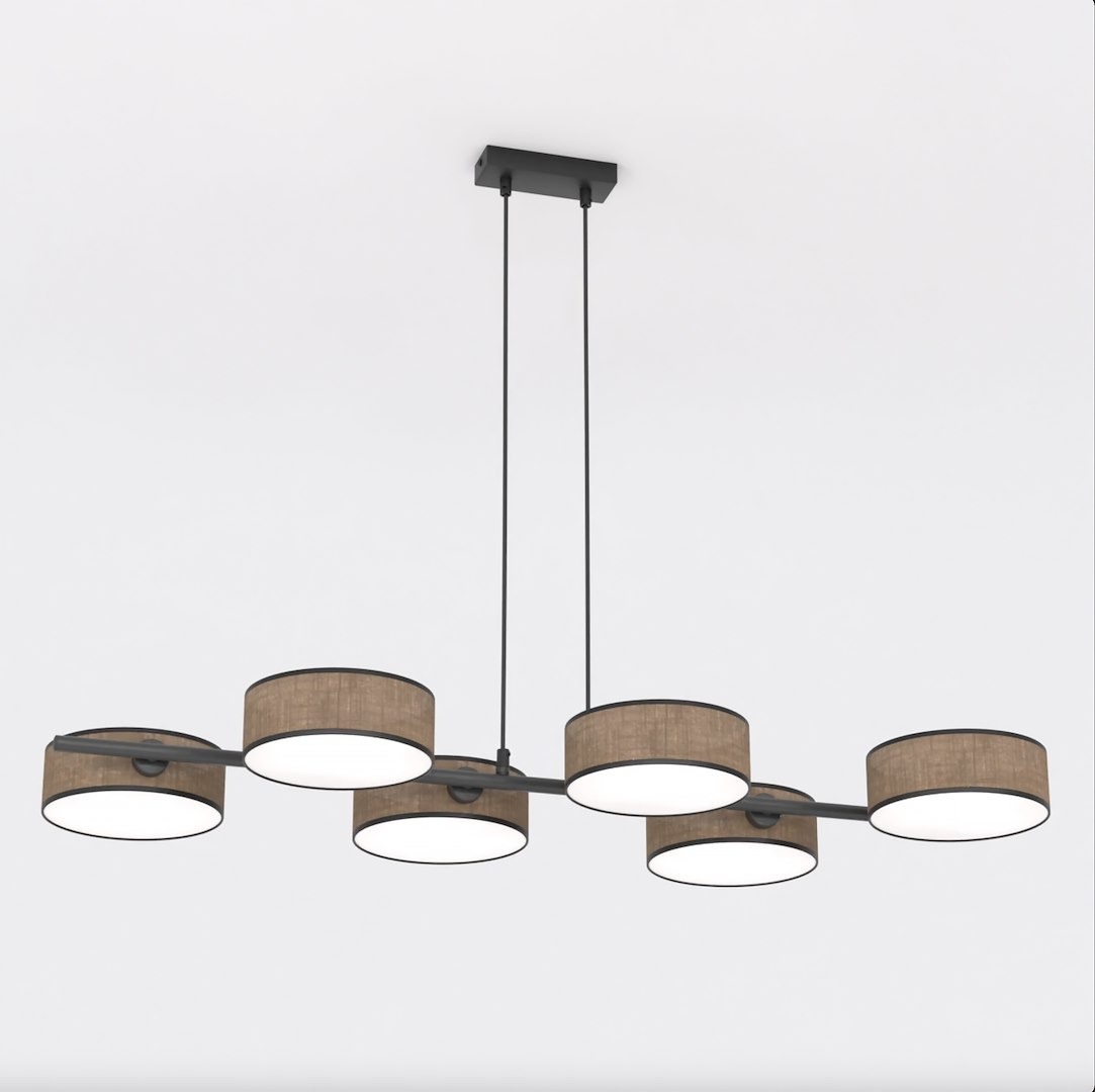 Lampa wisząca Drumz 6xE14 w kolorze brązowym, składająca się z sześciu okrągłych kloszy z materiału w odcieniu beżowym, zawieszona na czarnych linkach. Ujęcie frontalne, na jednolitym tle.