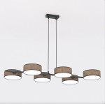 Lampa wisząca Drumz 6xE14 w kolorze brązowym, składająca się z sześciu okrągłych kloszy z materiału w odcieniu beżowym, zawieszona na czarnych linkach. Ujęcie frontalne, na jednolitym tle.