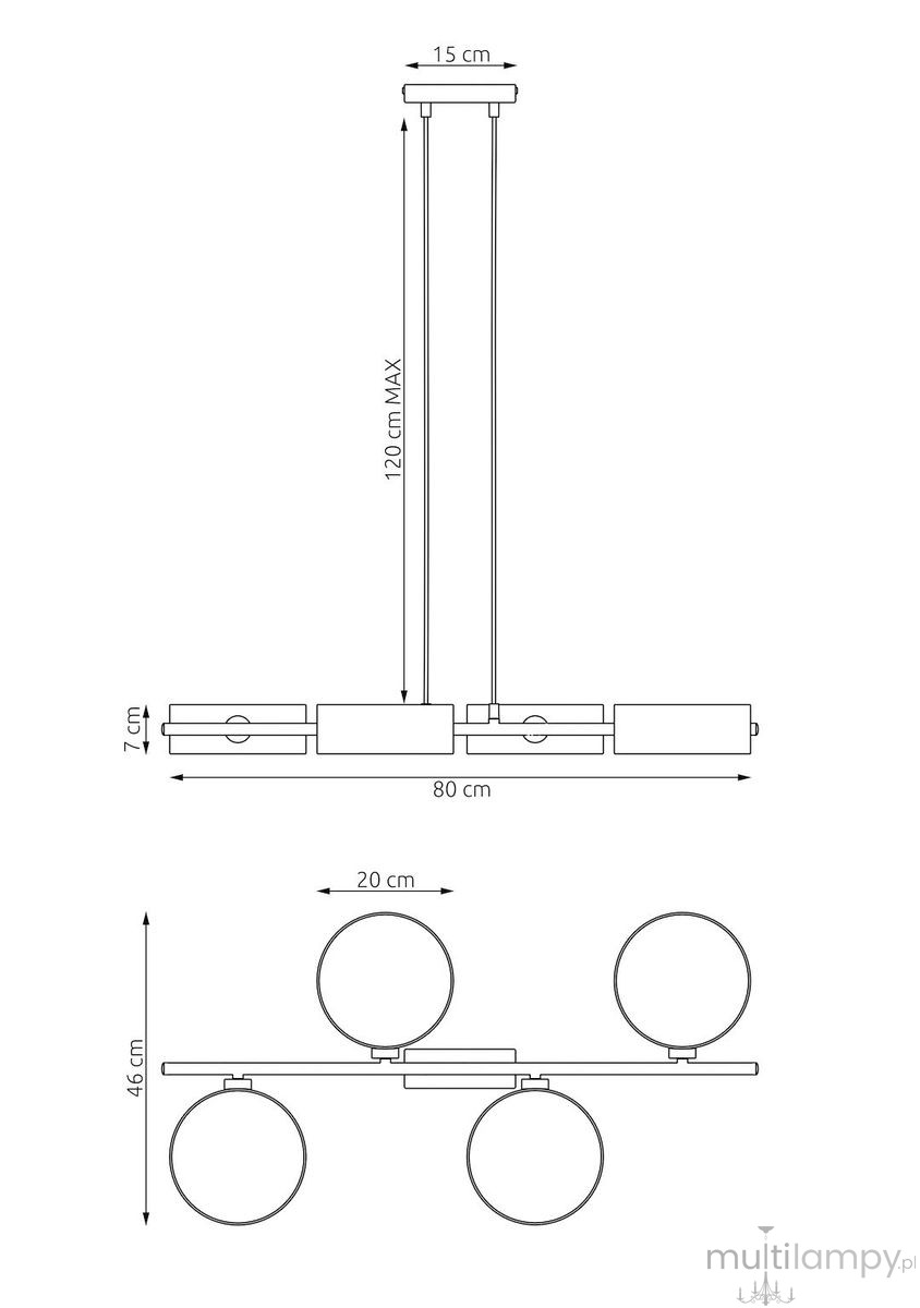 Lampa wisząca Drumz 4xE14 w brązowym kolorze, z prostokątną podstawą oraz czterema okrągłymi kloszami. Wymiary: długość 80 cm, wysokość 46 cm, szerokość 15 cm. Regulowana wysokość do 120 cm, idealna do nowoczesnych wnętrz.