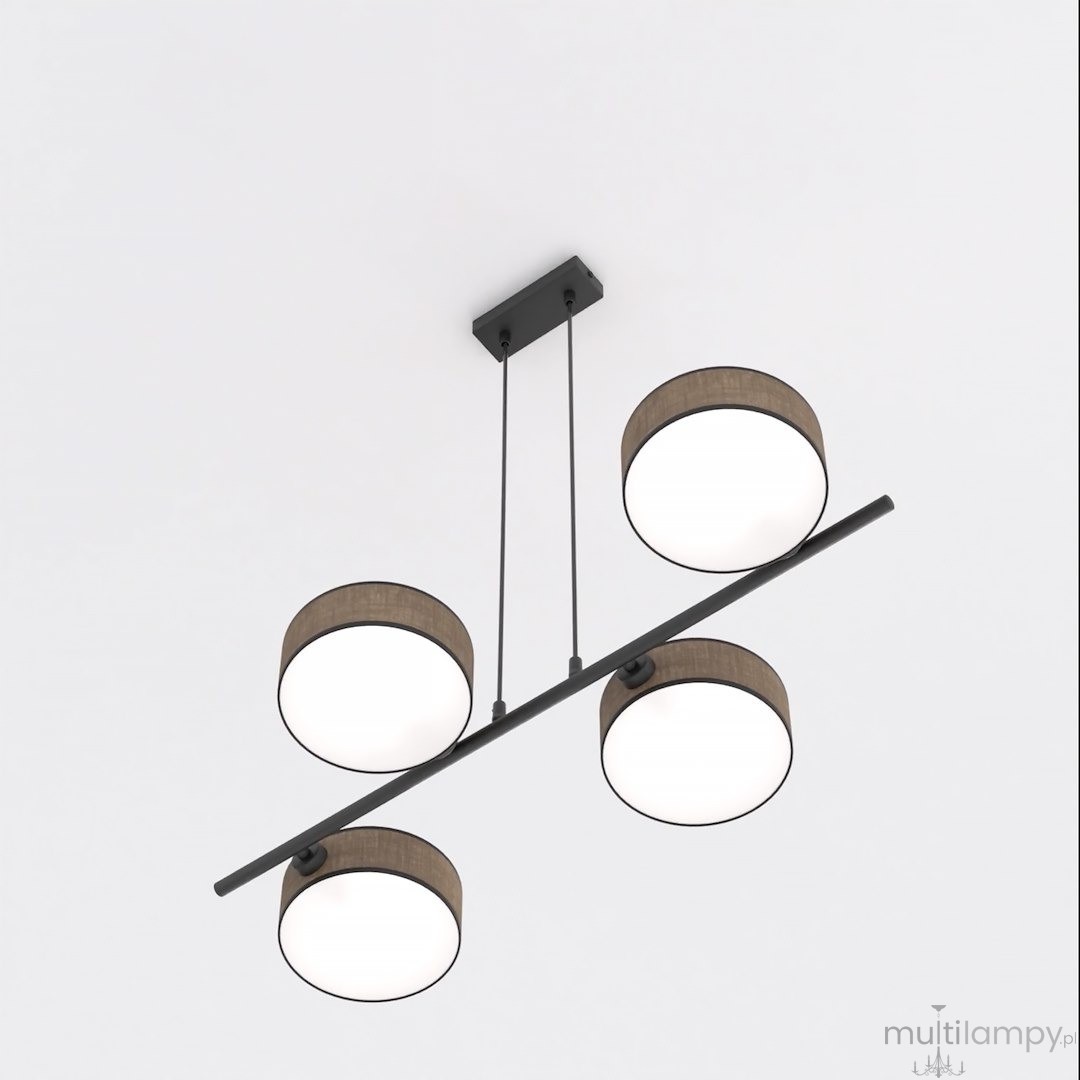 Lampa wisząca Drumz 4xE14 w brązowym kolorze z czterema okrągłymi kloszami, zawieszona na czarnej rurze. Klosze mają białe, szklane wypełnienie i teksturowane brązowe obramowanie, montowana sufitowo, w perspektywie z dołu.