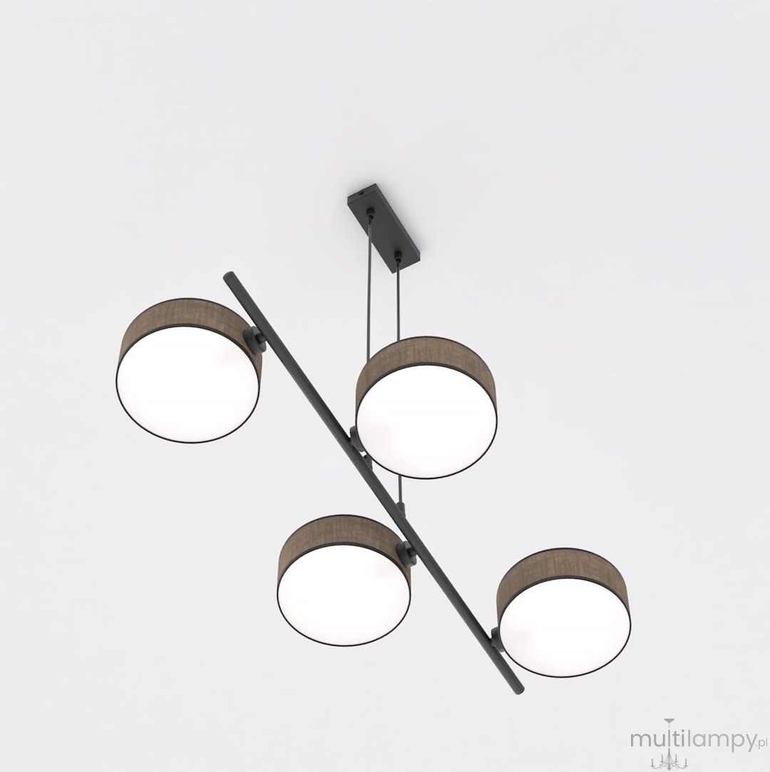 Lampa wisząca Drumz 4xE14 w kolorze brązowym, z czterema okrągłymi kloszami na metalowej ramie. Ułożona w poziomie, zawieszona na prostokątnej podsufitce. Klosze mają matowe białe szkło, co zapewnia równomierne oświetlenie.