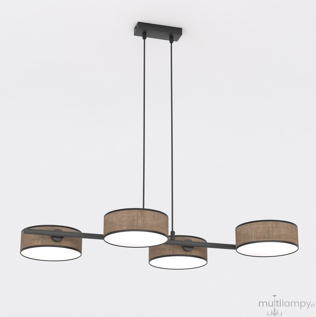 Lampa wisząca Drumz 4xE14 w brązowym kolorze z okrągłymi kloszami. Produkt zawieszony na dwóch prostokątnych linkach, z metalową podstawą w kolorze czarnym, z trzech kloszy o białym wnętrzu. Idealna do nowoczesnych wnętrz.