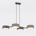 Lampa wisząca Drumz 4xE14 w brązowym kolorze z okrągłymi kloszami. Produkt zawieszony na dwóch prostokątnych linkach, z metalową podstawą w kolorze czarnym, z trzech kloszy o białym wnętrzu. Idealna do nowoczesnych wnętrz.