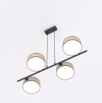 Lampa wisząca Drumz z czterema oprawami E14, w kolorze naturalnym rattanowym, z białymi kloszami. Zawieszona na prostym, czarnym stelażu, o minimalistycznym designie, idealna do nowoczesnych wnętrz.