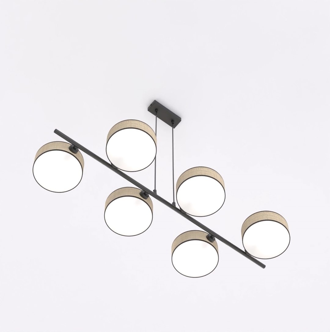 Lampa wisząca Drumz z rattanowymi kloszami, sześć źródeł światła E14. Metalowa konstrukcja w kolorze czarnym, okrągłe klosze z jasnym wykończeniem, zawieszona na prostej belce. Idealna do nowoczesnych wnętrz.