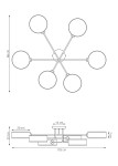 Czarna lampa sufitowa Maga z sześcioma oprawami na żarówki E14, o wymiarach 105 cm długości i 86 cm wysokości. Lampa ma okrągłe klosze oraz minimalistyczny, nowoczesny design, zamontowana w pozycji rozłożonej.