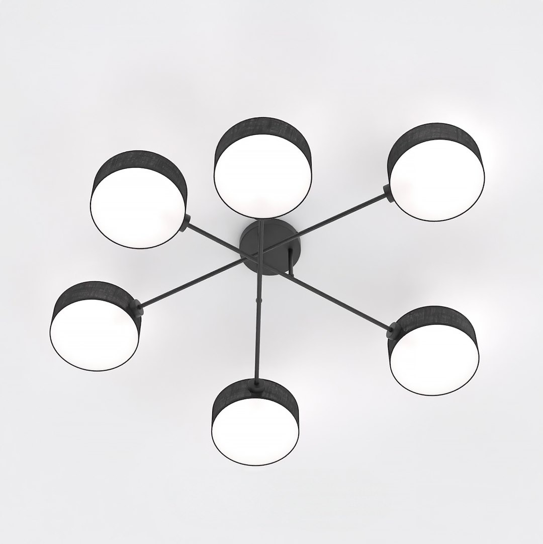 Lampa sufitowa Maga z sześcioma kloszami E14 w kolorze czarnym, z metalową konstrukcją. Klosze w formie okrągłych tub z białym szkłem, zamontowane na promienistych ramionach. Ujęcie z dołu, na jednolitym tle.