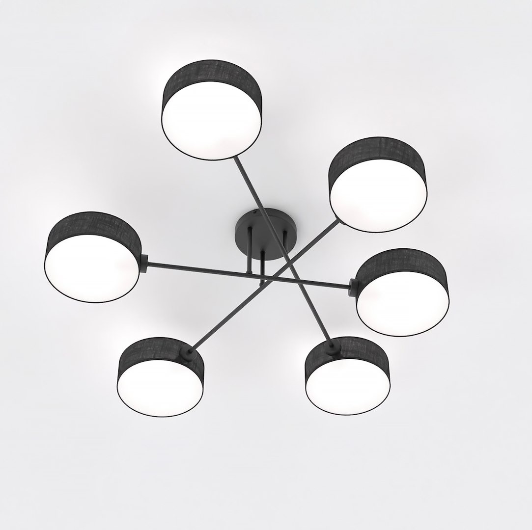 Czarna lampa sufitowa Maga z sześcioma kloszami E14, umieszczonymi na cienkich, metalowych ramionach. Klosze w kształcie cylindrów z białym wnętrzem, montowana na suficie, z widocznym mocowaniem centralnym.