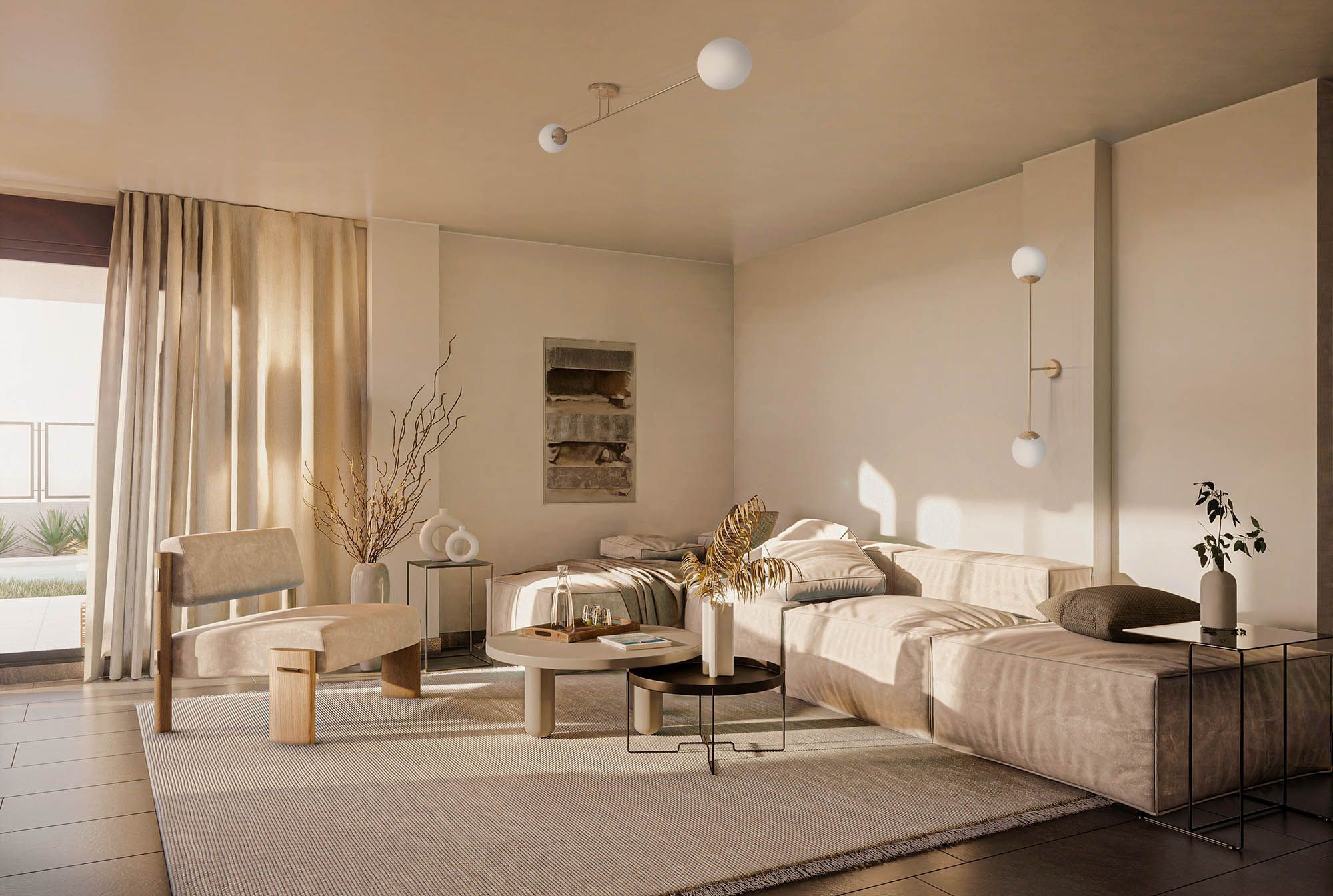 Lampa sufitowa Lumia 2xE27 w kolorze złotym i białym, z okrągłymi kloszami. Ujęcie z boku, w nowoczesnym wnętrzu z jasnymi ścianami i minimalistycznymi meblami. Lampa zamontowana na suficie, otoczona naturalnymi dekoracjami.