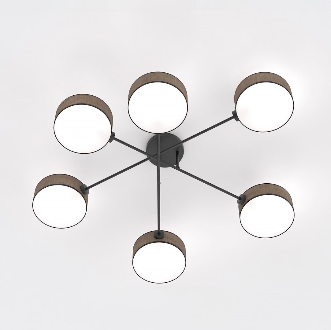 Brązowa lampa sufitowa Maga z sześcioma kloszami w kształcie cylindrów, wyposażona w gniazda E14. Klosze mają białe, okrągłe szkło, a całość zamocowana na czarnej metalowej konstrukcji. Lampa wisząca, umieszczona na tle białego sufitu.
