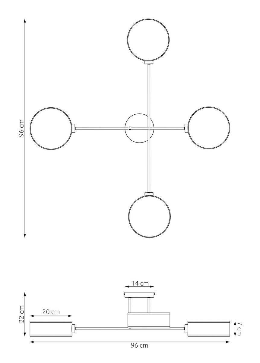 Lampa sufitowa Maga z czterema oprawami E14, wykonana z rattanu. Okrągłe klosze w kolorze białym zawieszone na metalowych ramionach. Wymiary: 96 cm szerokości, 22 cm wysokości, idealna do nowoczesnych wnętrz.