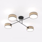 Lampa sufitowa Maga z czterema oprawami E14, z metalowym stelażem w kolorze czarnym oraz kloszami z rattanowej tkaniny w jasnym odcieniu. Ułożona równolegle, z białym źródłem światła, na prostym tle. Idealna do nowoczesnych wnętrz.