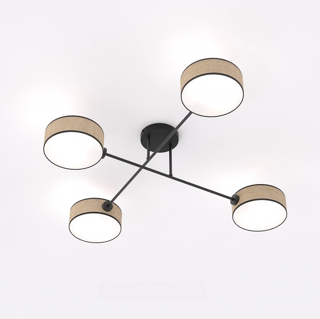 Lampa sufitowa Maga z czterema kloszami w kolorze naturalnym, wykonana z rattanu, na czarnej metalowej podstawie. Klosze mają okrągły kształt i białe, mleczne wykończenie. Produkt montowany na suficie, widok z dołu.